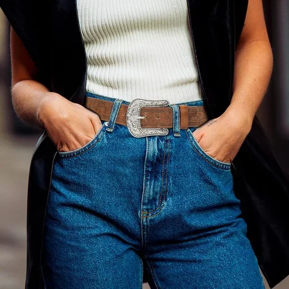 Western-Belt-for-Women-Cowgirl, PU-Leather-Waist-Belts with Vintage-Carved-Buckl - Picture 2 of 8